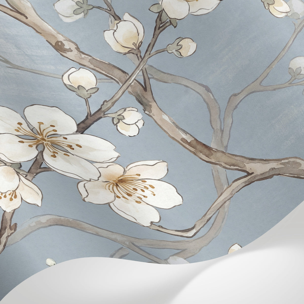 Papier peint panoramique cerisier japonais - Branches fleuries blanches dorées fond gris bleu nuancé sur mesure - Matière