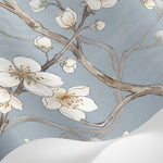 Papier peint panoramique cerisier japonais - Branches fleuries blanches dorées fond gris bleu nuancé sur mesure - Matière