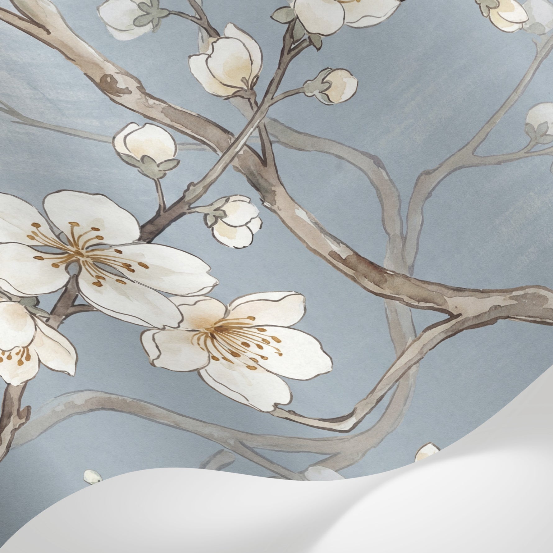Papier peint panoramique cerisier japonais - Branches fleuries blanches dorées fond gris bleu nuancé sur mesure - Matière