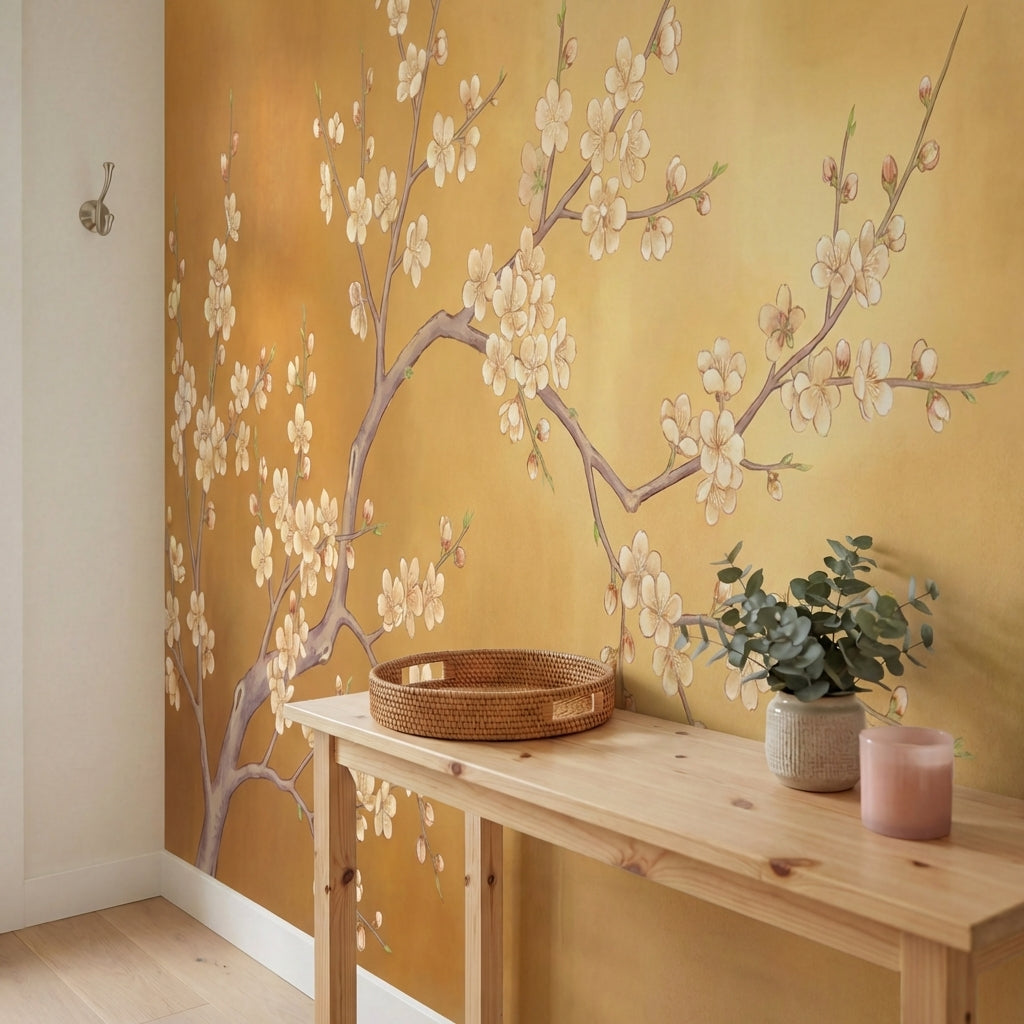 papier peint panoramique cerisier japonais branches fleuries delicates fond dore-6