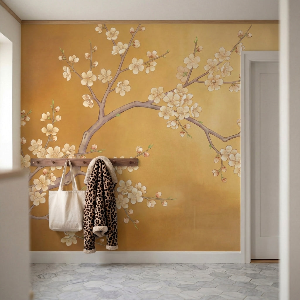 papier peint panoramique cerisier japonais branches fleuries delicates fond dore-7