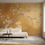 papier peint panoramique cerisier japonais branches fleuries delicates fond dore-HERO-10