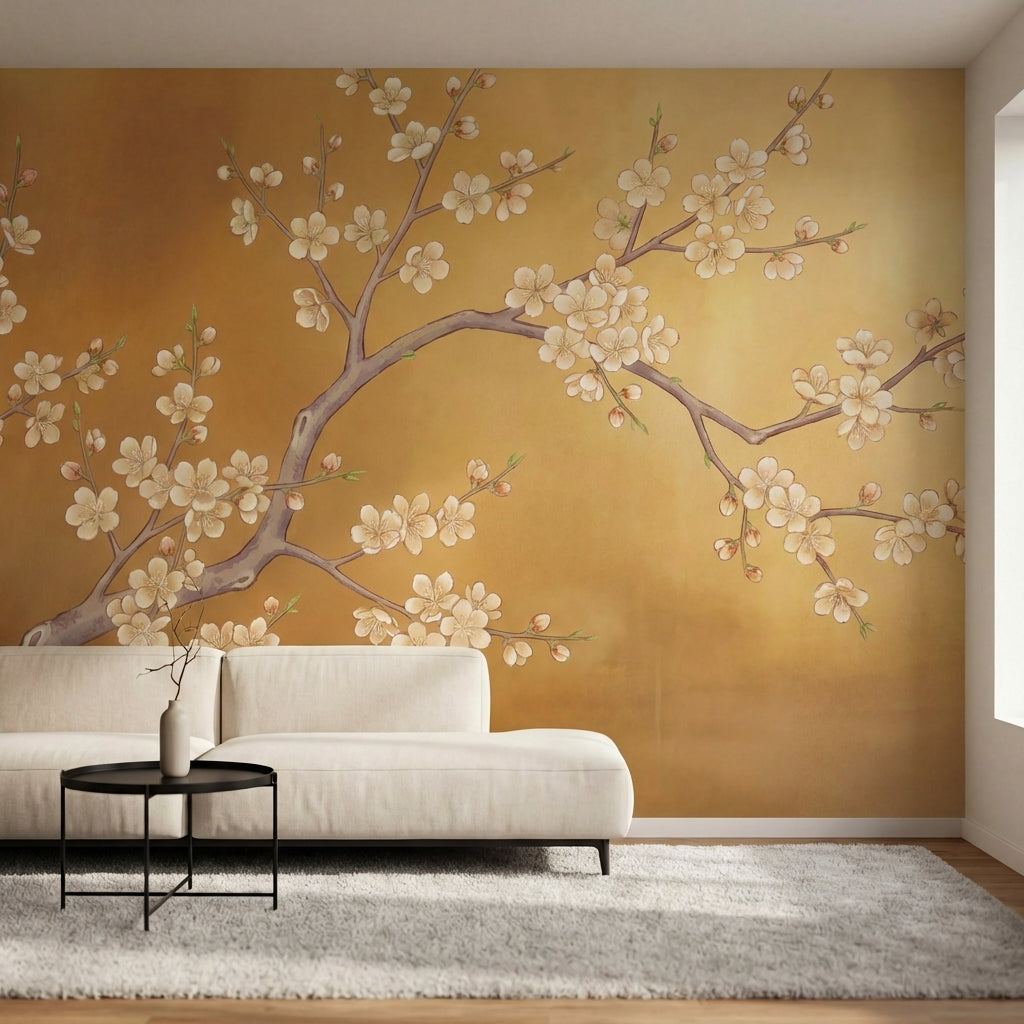 papier peint panoramique cerisier japonais branches fleuries delicates fond dore-HERO-10