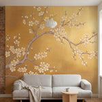 papier peint panoramique cerisier japonais branches fleuries delicates fond dore-HERO-9