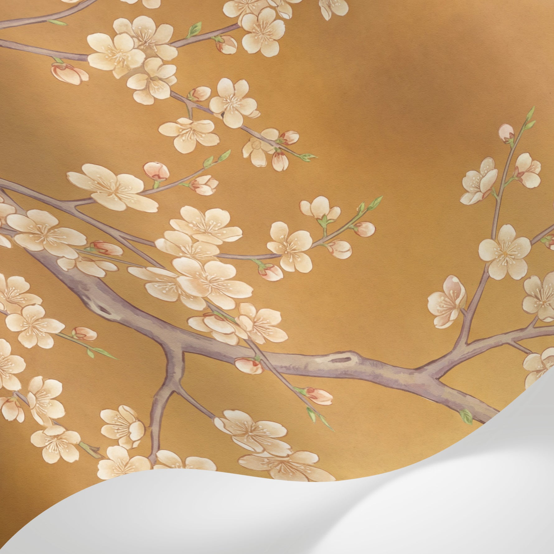 Papier peint panoramique cerisier japonais - Branches fleuries délicates fond doré ambré lumineux sur mesure - Matière