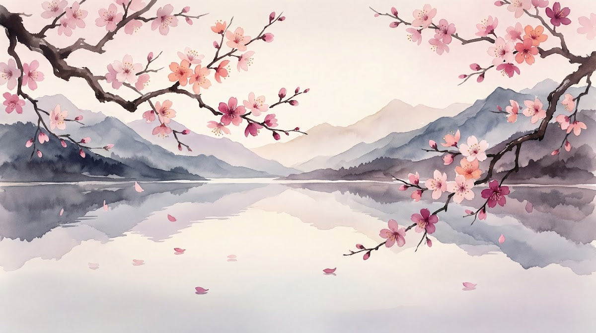 Papier peint panoramique cerisier japonais - Branches fleuries lac montagne reflet aquarelle tons rose corail sur mesure - Design