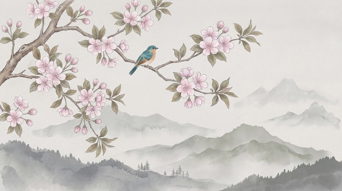 Papier peint panoramique cerisier japonais - Branches fleuries oiseau bleu montagnes brume fond beige rosé sur mesure - Design