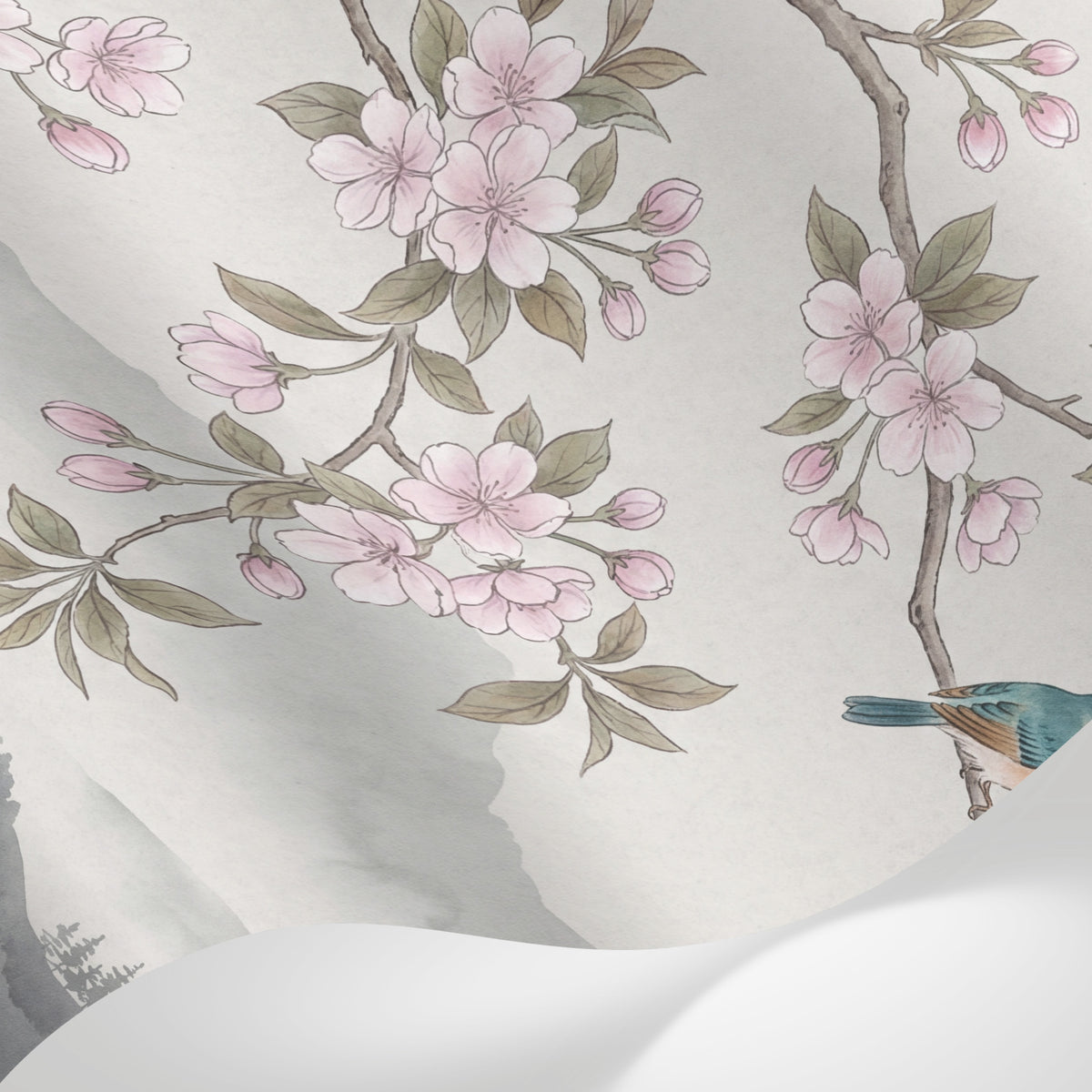 Papier peint panoramique cerisier japonais - Branches fleuries oiseau bleu montagnes brume fond beige rosé sur mesure - Matière