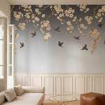 papier peint panoramique cerisier japonais branches fleuries oiseaux voltigeant -1
