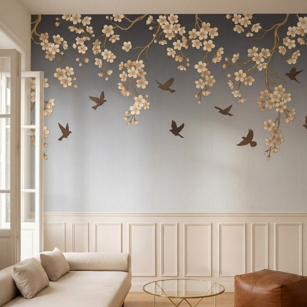 papier peint panoramique cerisier japonais branches fleuries oiseaux voltigeant -1