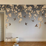 papier peint panoramique cerisier japonais branches fleuries oiseaux voltigeant -2