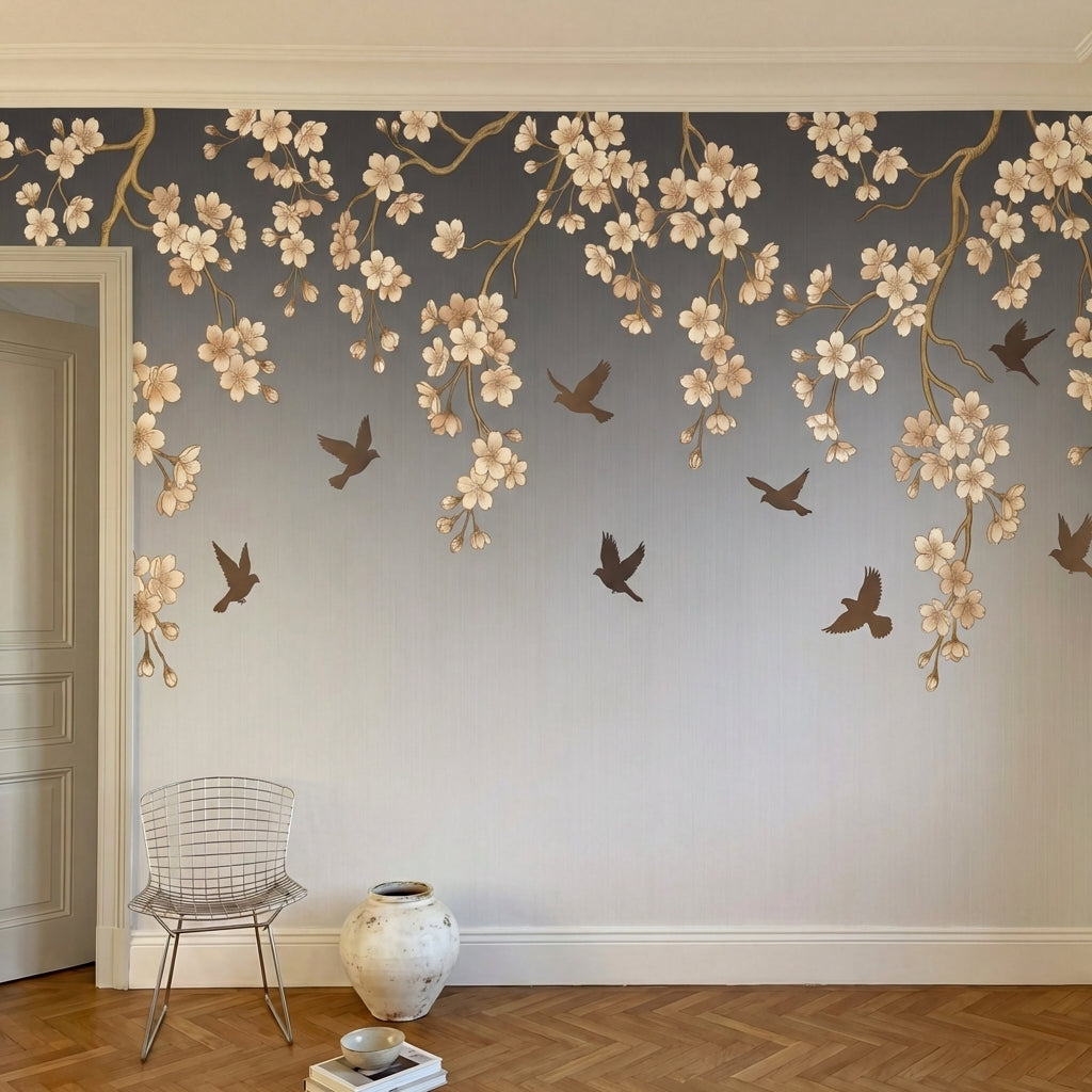 papier peint panoramique cerisier japonais branches fleuries oiseaux voltigeant -2