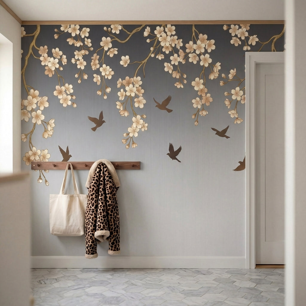 papier peint panoramique cerisier japonais branches fleuries oiseaux voltigeant -7