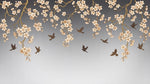 Papier peint panoramique cerisier japonais - Branches fleuries oiseaux voltigeant tons beige rosé et brun sur mesure - Design