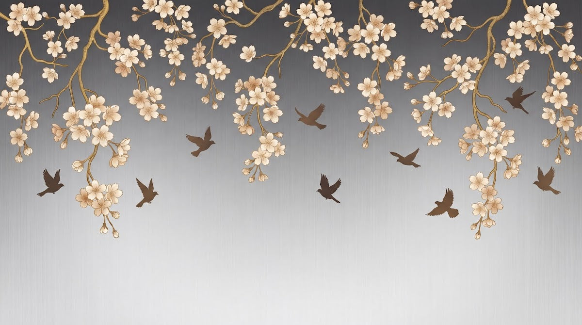 Papier peint panoramique cerisier japonais - Branches fleuries oiseaux voltigeant tons beige rosé et brun sur mesure - Design