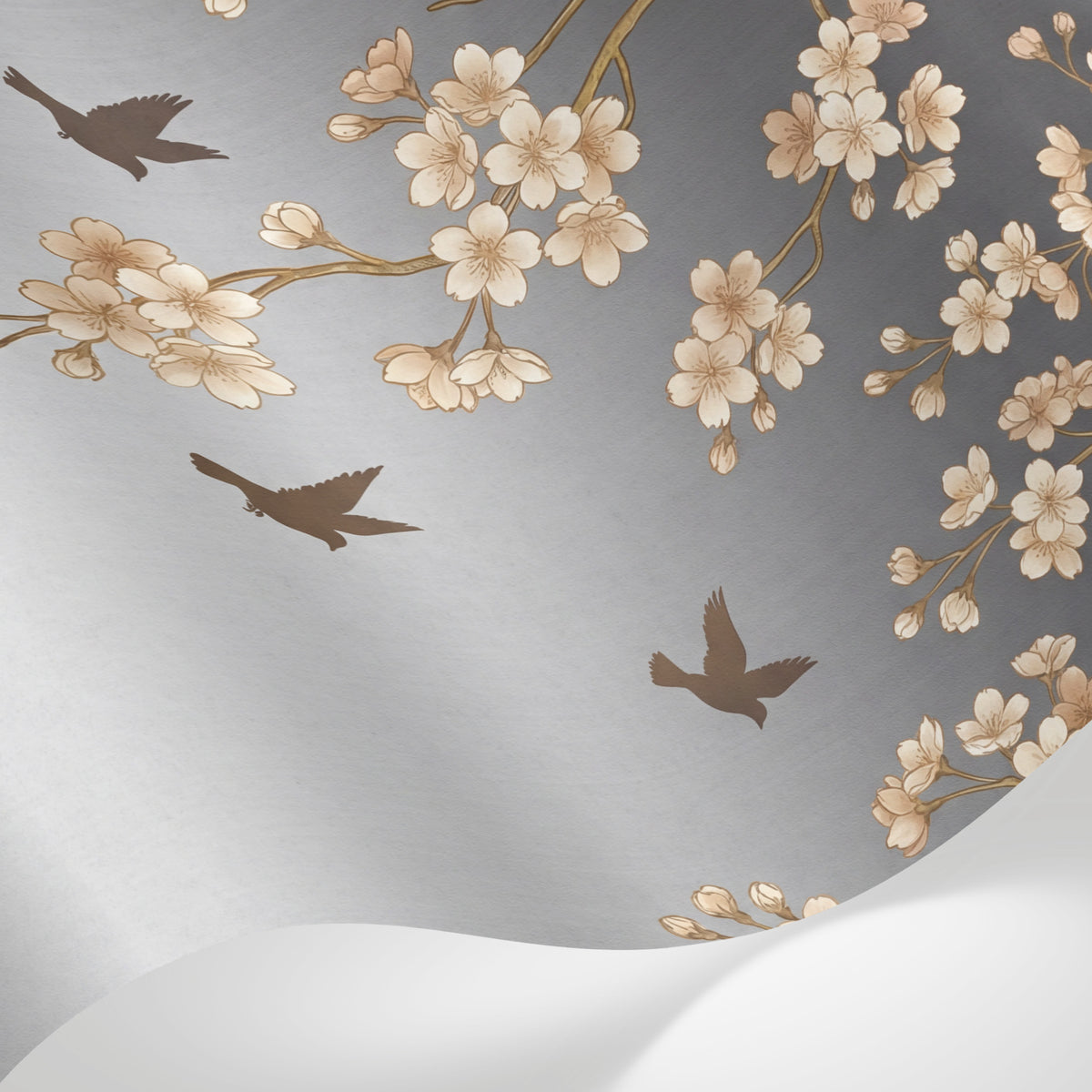 Papier peint panoramique cerisier japonais - Branches fleuries oiseaux voltigeant tons beige rosé et brun sur mesure - Matière