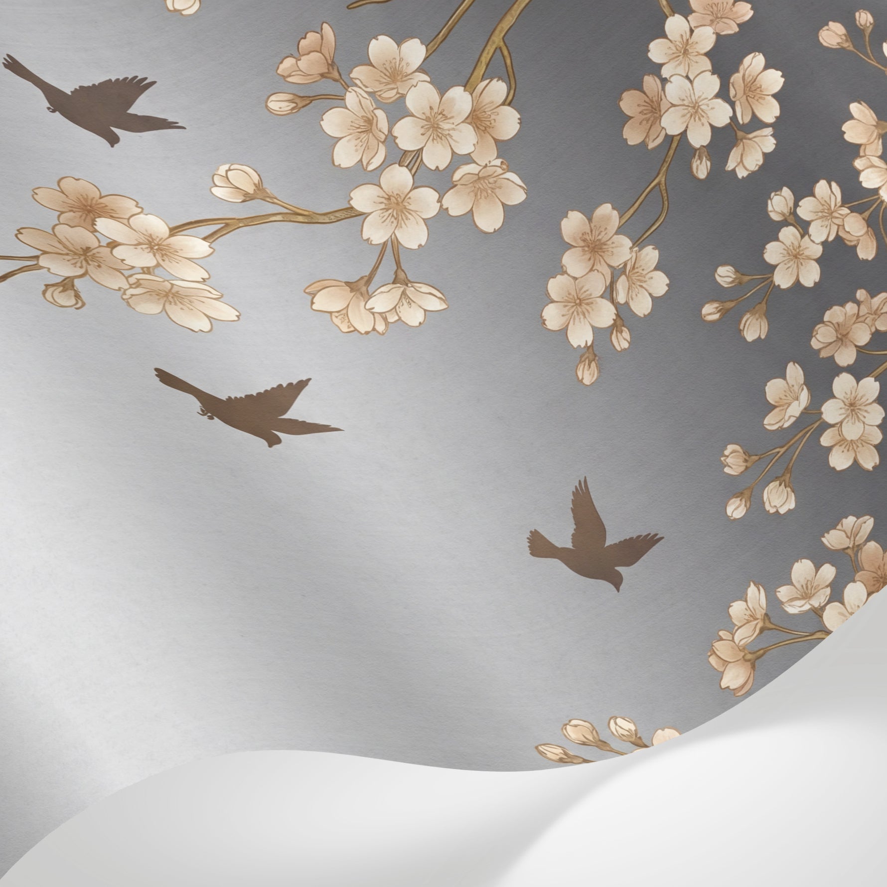 Papier peint panoramique cerisier japonais - Branches fleuries oiseaux voltigeant tons beige rosé et brun sur mesure - Matière