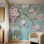 papier peint panoramique cerisier japonais branches fleuries sakura blanc rose f-1