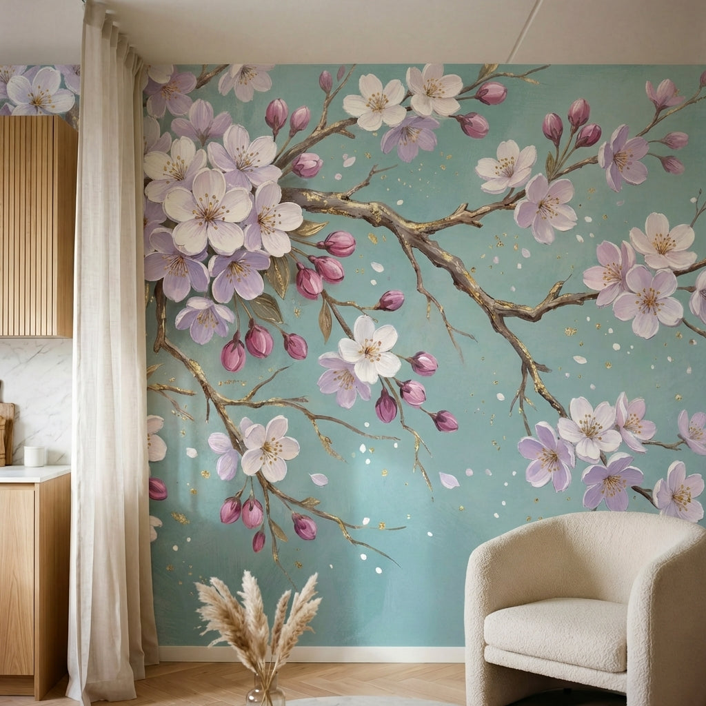 papier peint panoramique cerisier japonais branches fleuries sakura blanc rose f-1