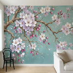 papier peint panoramique cerisier japonais branches fleuries sakura blanc rose f-3