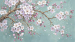 Papier peint panoramique cerisier japonais - Branches fleuries sakura blanc rosé fond vert menthe doré sur mesure - Design