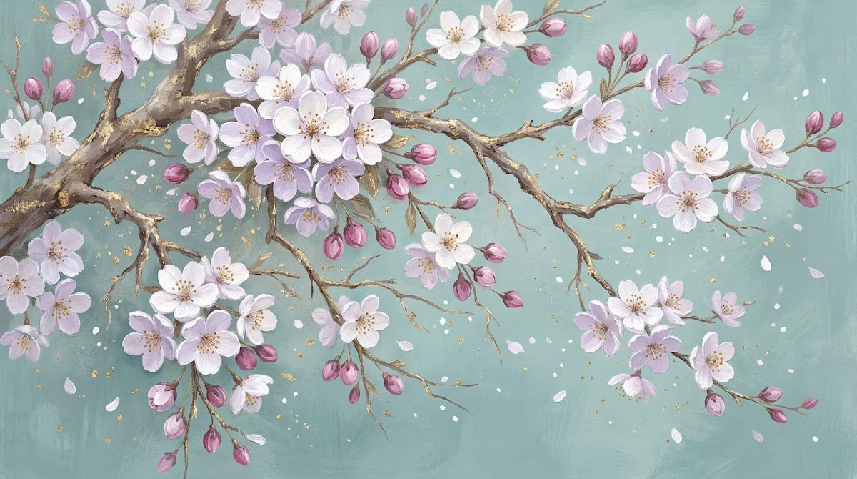 Papier peint panoramique cerisier japonais - Branches fleuries sakura blanc rosé fond vert menthe doré sur mesure - Design