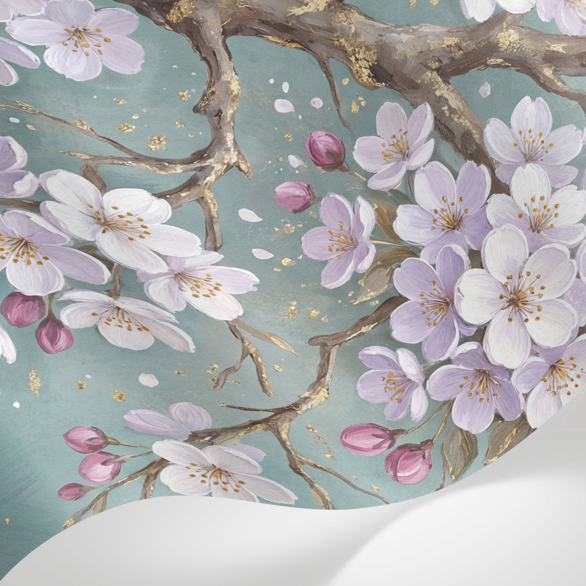 Papier peint panoramique cerisier japonais - Branches fleuries sakura blanc rosé fond vert menthe doré sur mesure - Matière