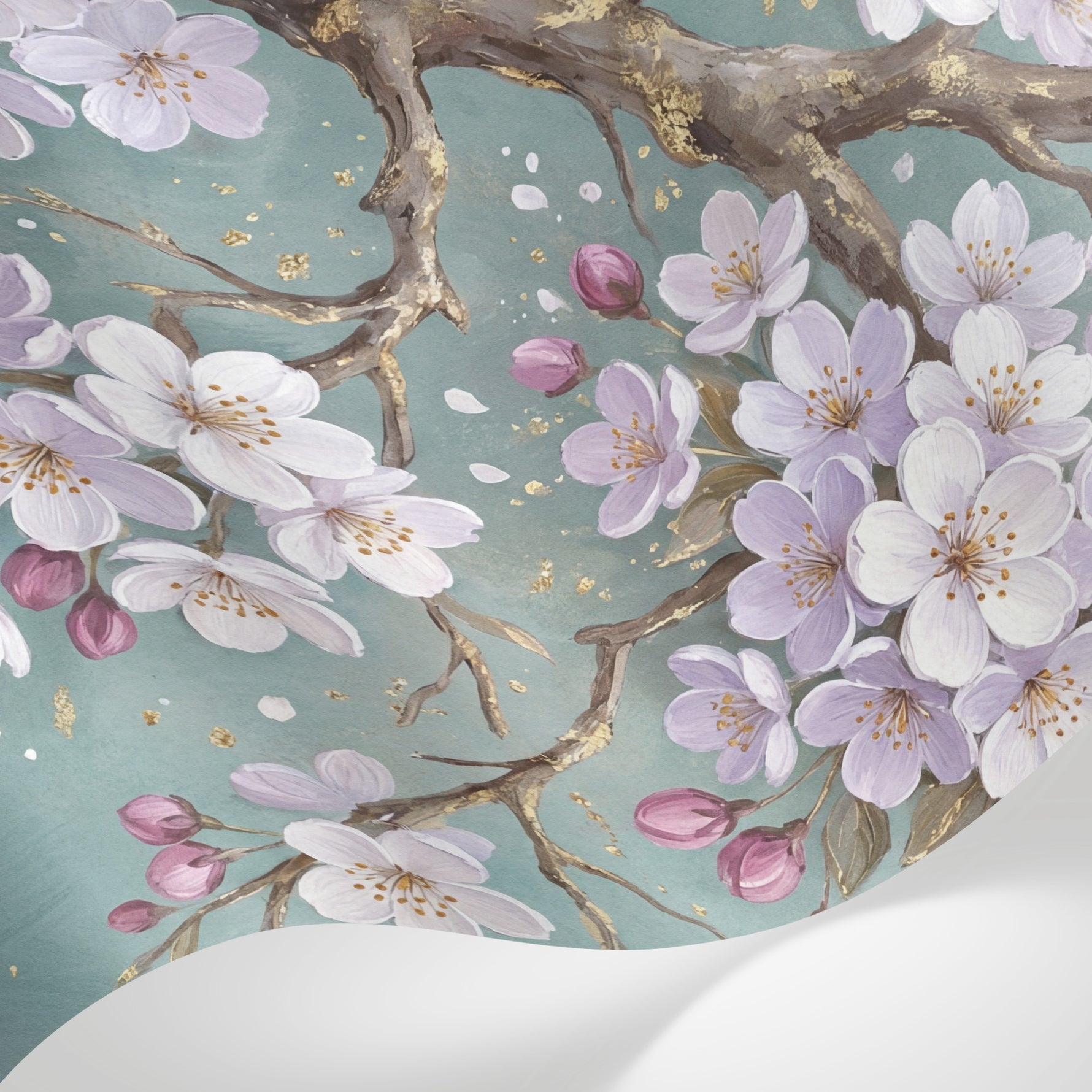 Papier peint panoramique cerisier japonais - Branches fleuries sakura blanc rosé fond vert menthe doré sur mesure - Matière
