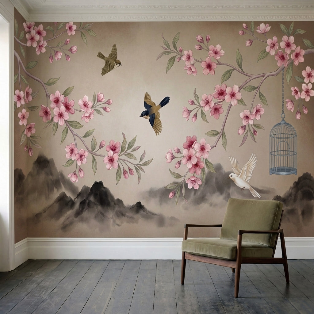 papier peint panoramique cerisier japonais branches fleurs roses oiseaux cage mo-3