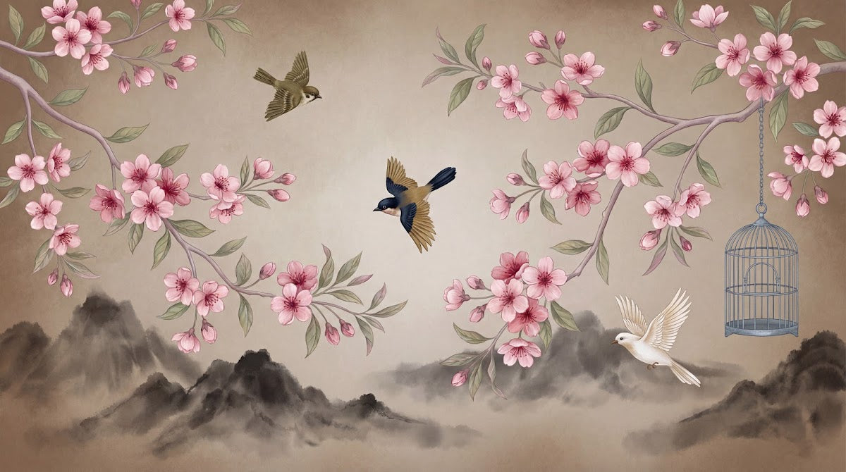 Papier peint panoramique cerisier japonais - Branches fleurs roses oiseaux cage montagnes fond beige crème sur mesure - Design
