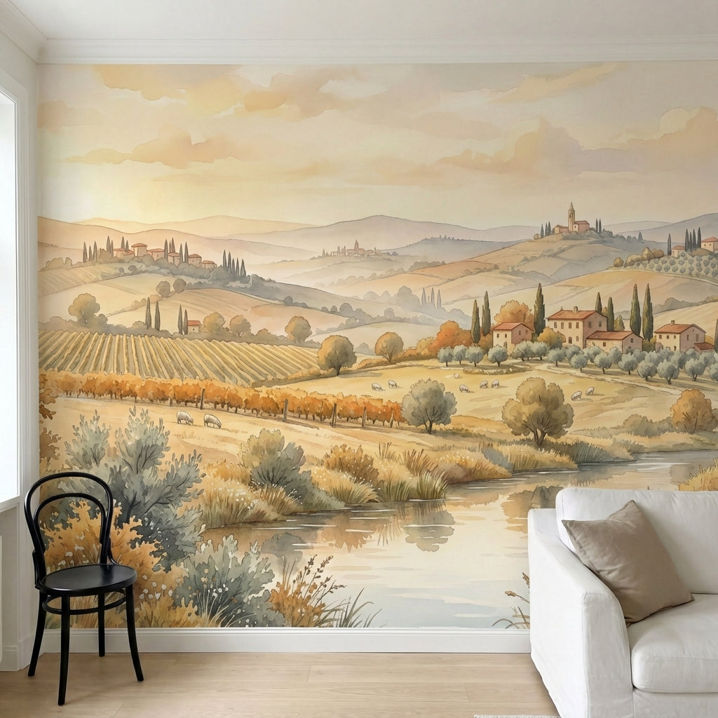 papier peint panoramique chambre adulte vignobles toscans aquarelle automne tons-1