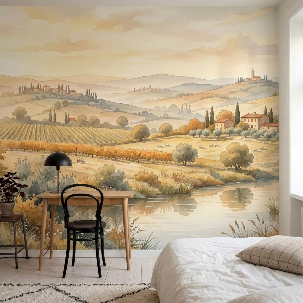 papier peint panoramique chambre adulte vignobles toscans aquarelle automne tons-HERO-10