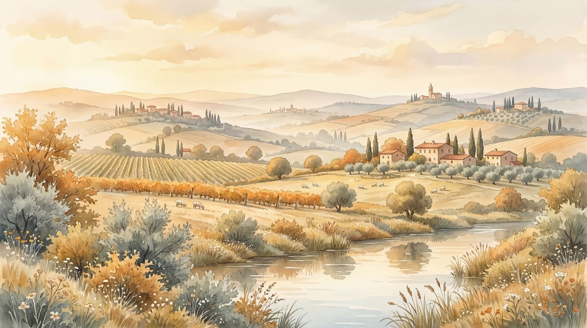 Papier peint panoramique paysage - Vignobles toscans aquarelle automne tons beige doré et ocre sur mesure - Design