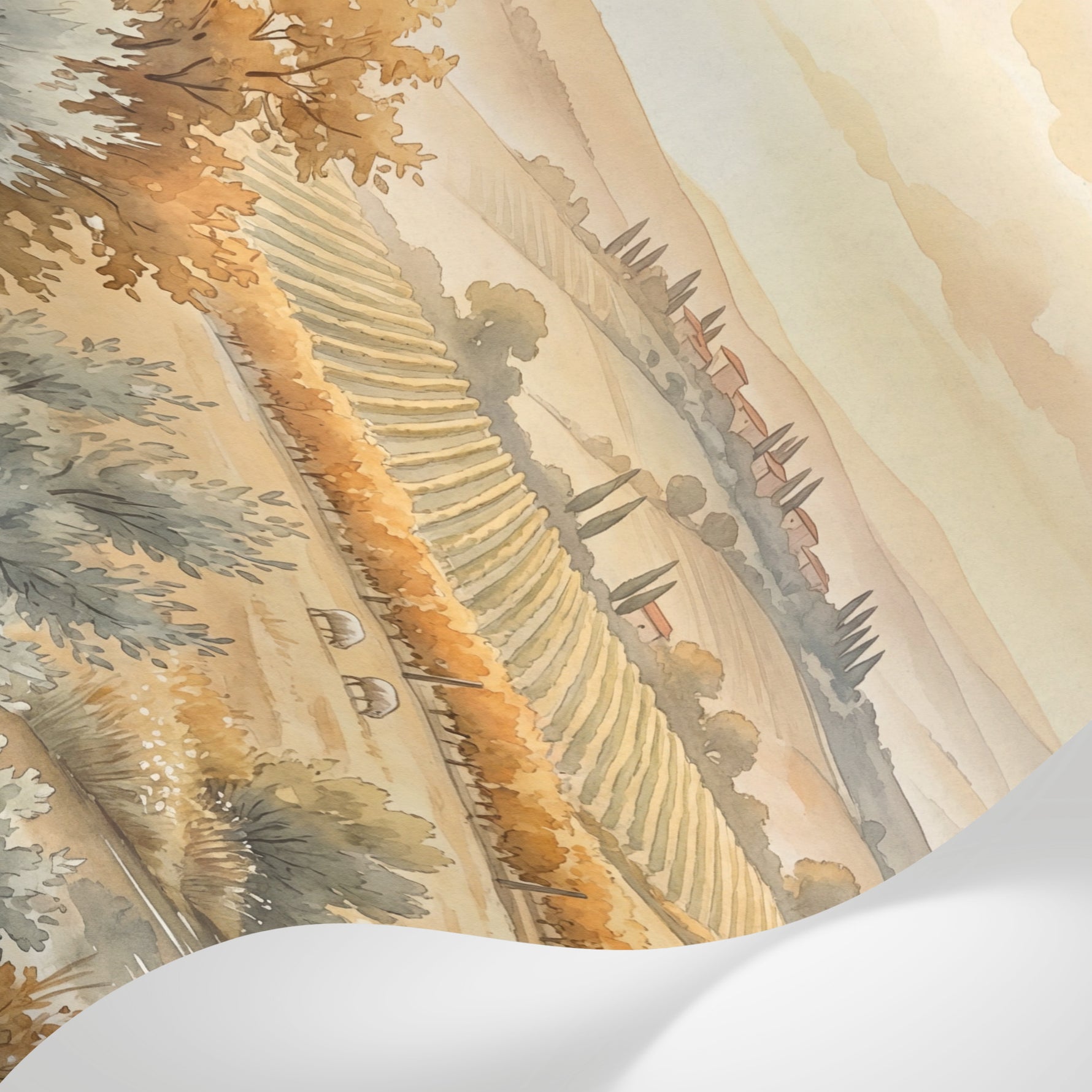Papier peint panoramique paysage - Vignobles toscans aquarelle automne tons beige doré et ocre sur mesure - Matière
