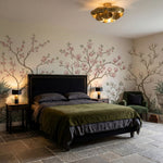 papier peint panoramique chinoiserie magnolias roses branches urnes decoratives -10