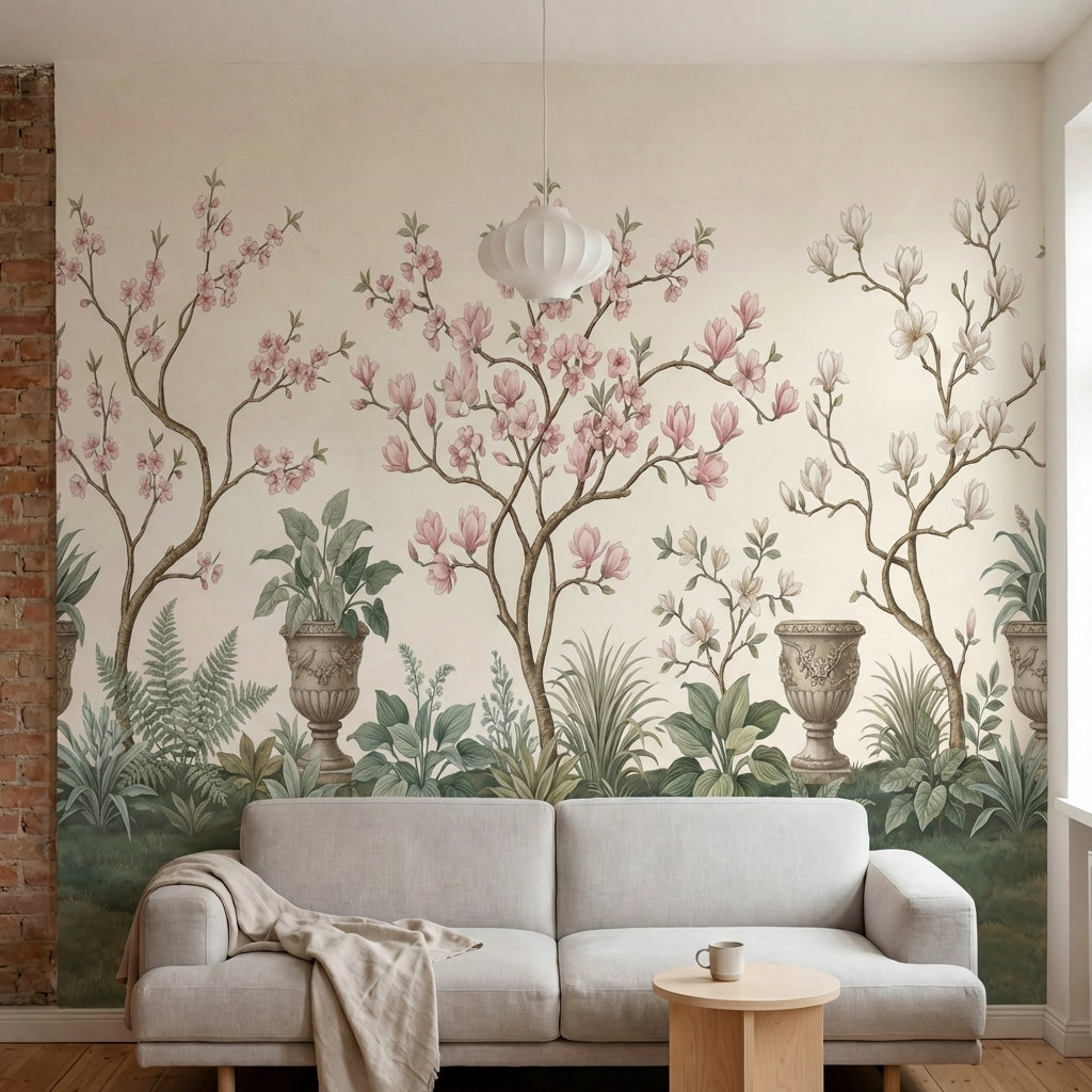 papier peint panoramique chinoiserie magnolias roses branches urnes decoratives -3