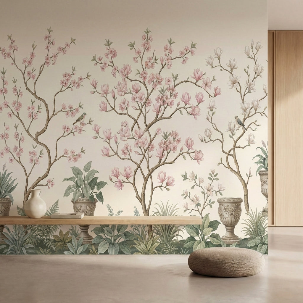 papier peint panoramique chinoiserie magnolias roses branches urnes decoratives -5
