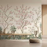 papier peint panoramique chinoiserie magnolias roses branches urnes decoratives -5