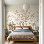 papier peint panoramique chinoiserie magnolias roses branches urnes decoratives -6