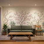papier peint panoramique chinoiserie magnolias roses branches urnes decoratives -7