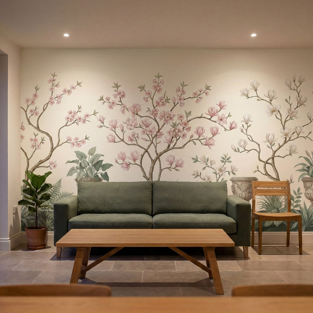 papier peint panoramique chinoiserie magnolias roses branches urnes decoratives -7
