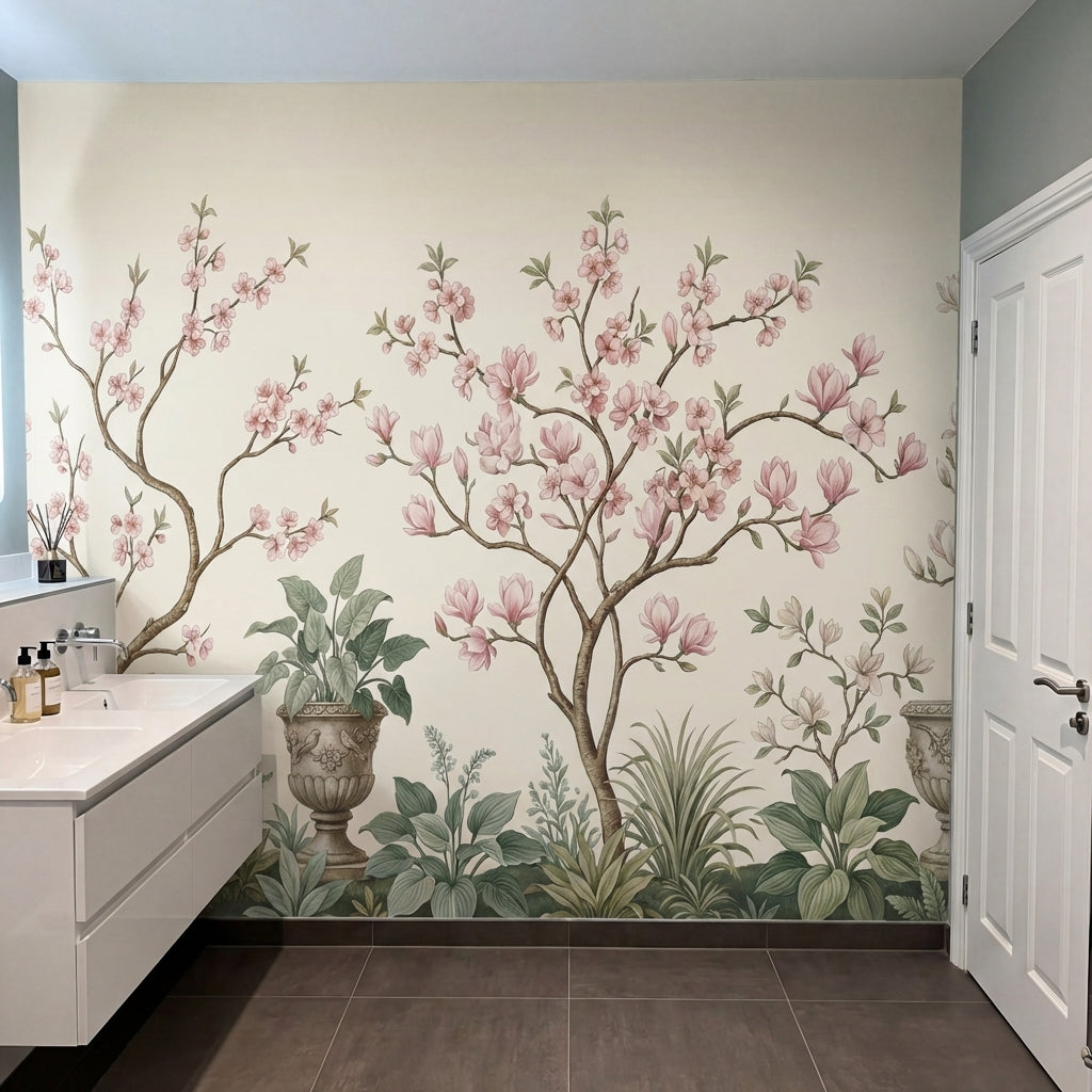 papier peint panoramique chinoiserie magnolias roses branches urnes decoratives -8