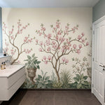 papier peint panoramique chinoiserie magnolias roses branches urnes decoratives -8
