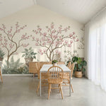 papier peint panoramique chinoiserie magnolias roses branches urnes decoratives -9