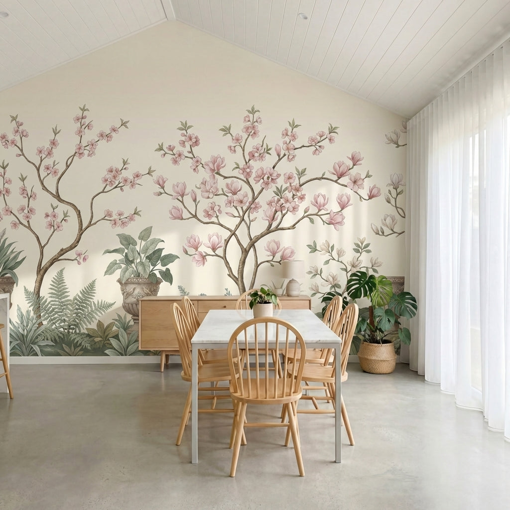 papier peint panoramique chinoiserie magnolias roses branches urnes decoratives -9