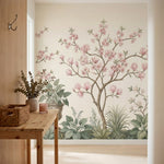 papier peint panoramique chinoiserie magnolias roses branches urnes decoratives -VARIANTE-10