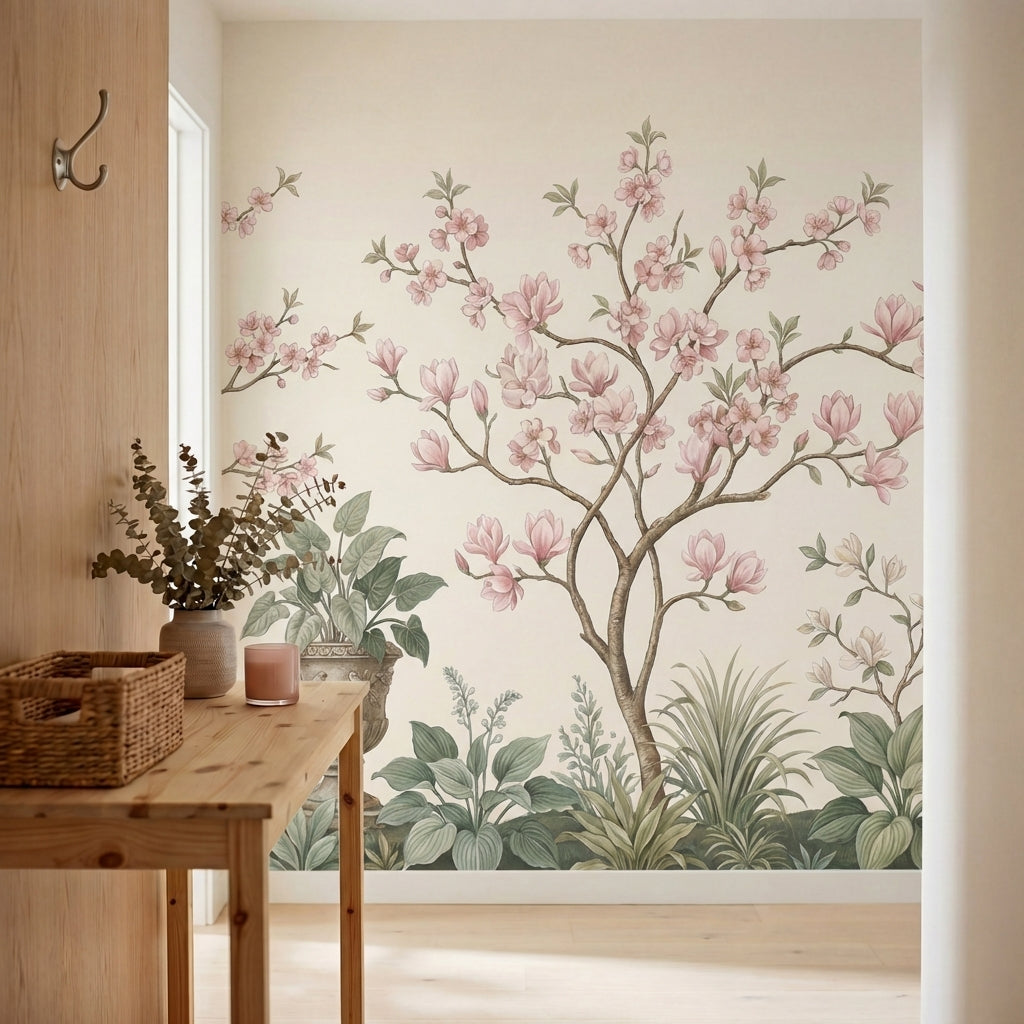 papier peint panoramique chinoiserie magnolias roses branches urnes decoratives -VARIANTE-10