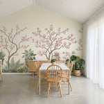 papier peint panoramique chinoiserie magnolias roses branches urnes decoratives -VARIANTE-6