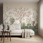 papier peint panoramique chinoiserie magnolias roses branches urnes decoratives -VARIANTE-7