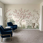 papier peint panoramique chinoiserie magnolias roses branches urnes decoratives -VARIANTE-8